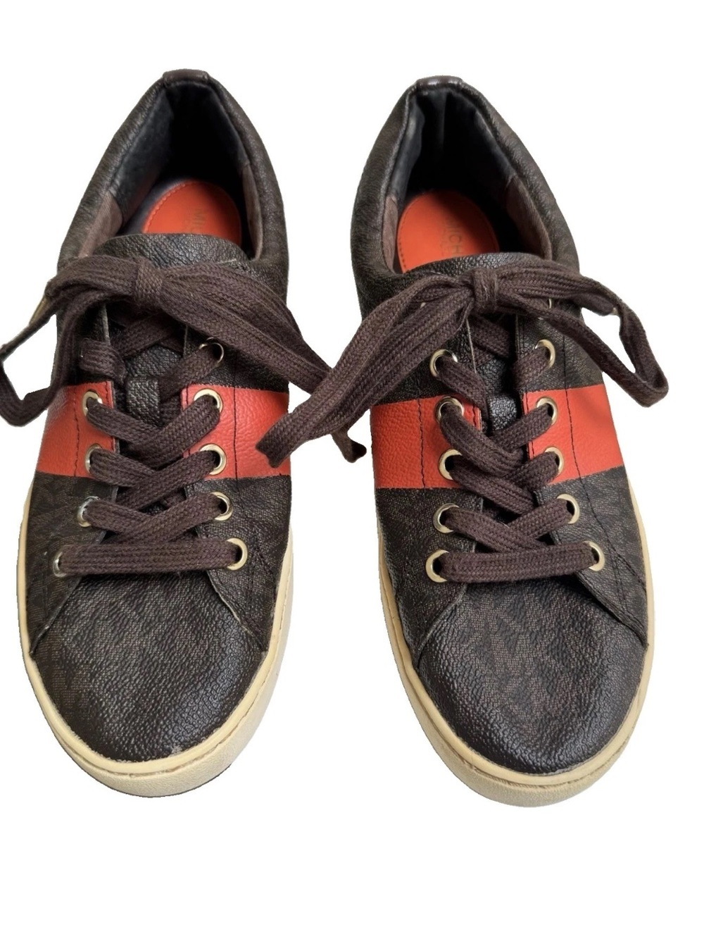 Michael Kors Womens Sneakers Size 6.5 M Brown Orange MK Logo Monogram Low Top